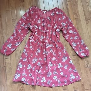 Pink Off Shoulder Boho Floral Tunic Dress with Tassle Tie Neck and Elastic Waist